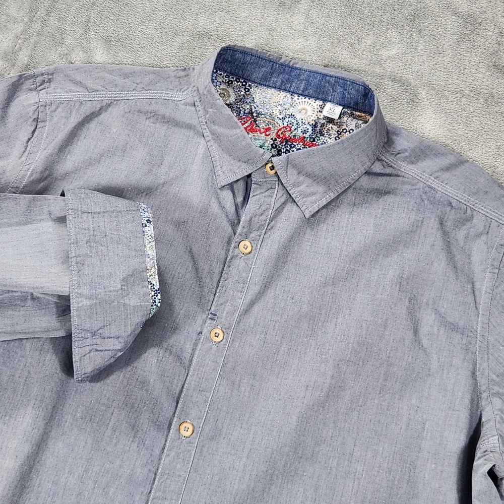 Robert Graham Shirt Mens XL Gray Button Up Classic Fit Long Sleeve Floral Trim
